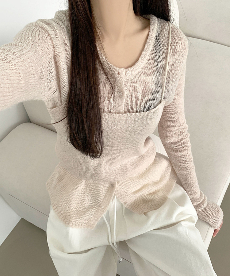 [레이어드/#느좋set]느좋 쫌쫌 짜임 그물 나시 뷔스티에 긴팔 가디건 세트 니트 베이지