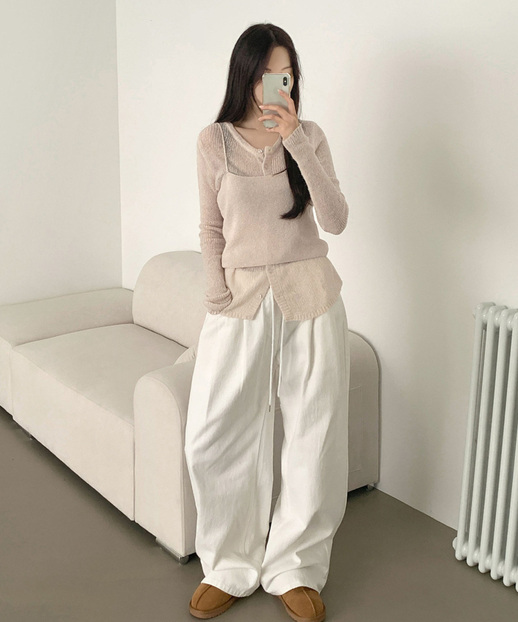 [레이어드/#느좋set]느좋 쫌쫌 짜임 그물 나시 뷔스티에 긴팔 가디건 세트 니트 베이지