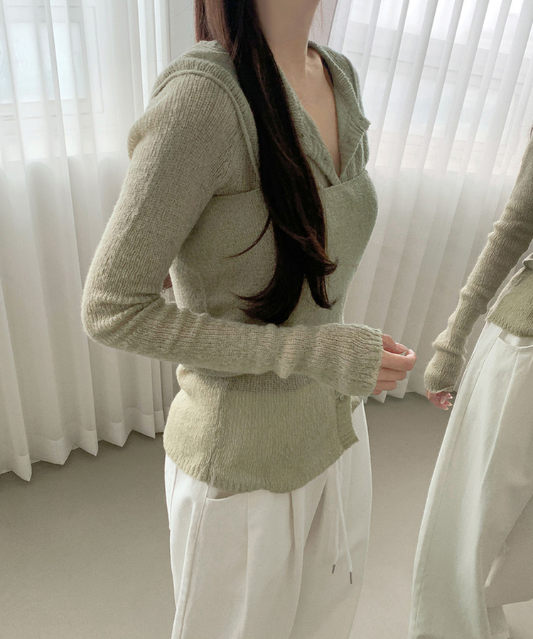 [레이어드/#느좋set]느좋 쫌쫌 짜임 그물 나시 뷔스티에 긴팔 가디건 세트 니트 카키