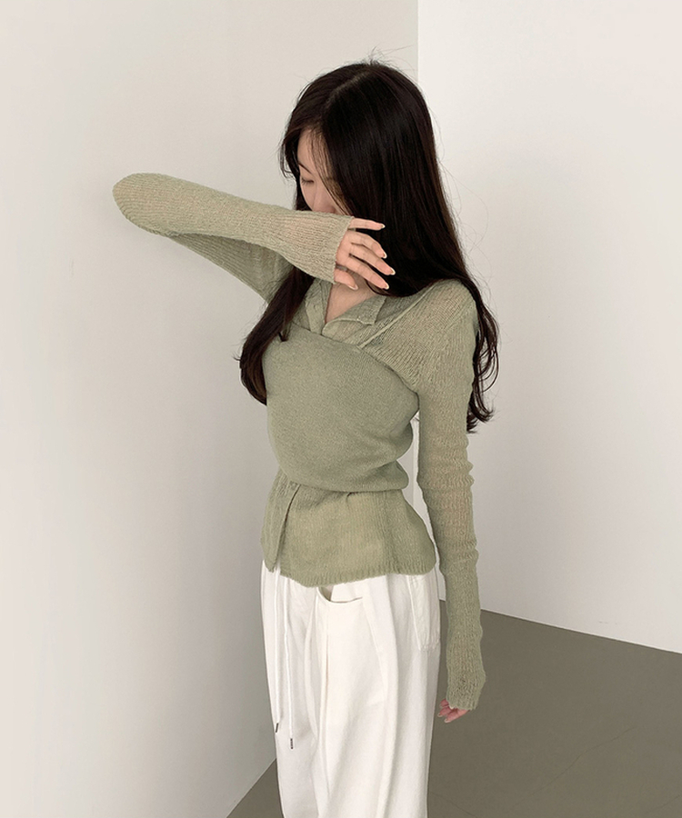 [레이어드/#느좋set]느좋 쫌쫌 짜임 그물 나시 뷔스티에 긴팔 가디건 세트 니트 카키