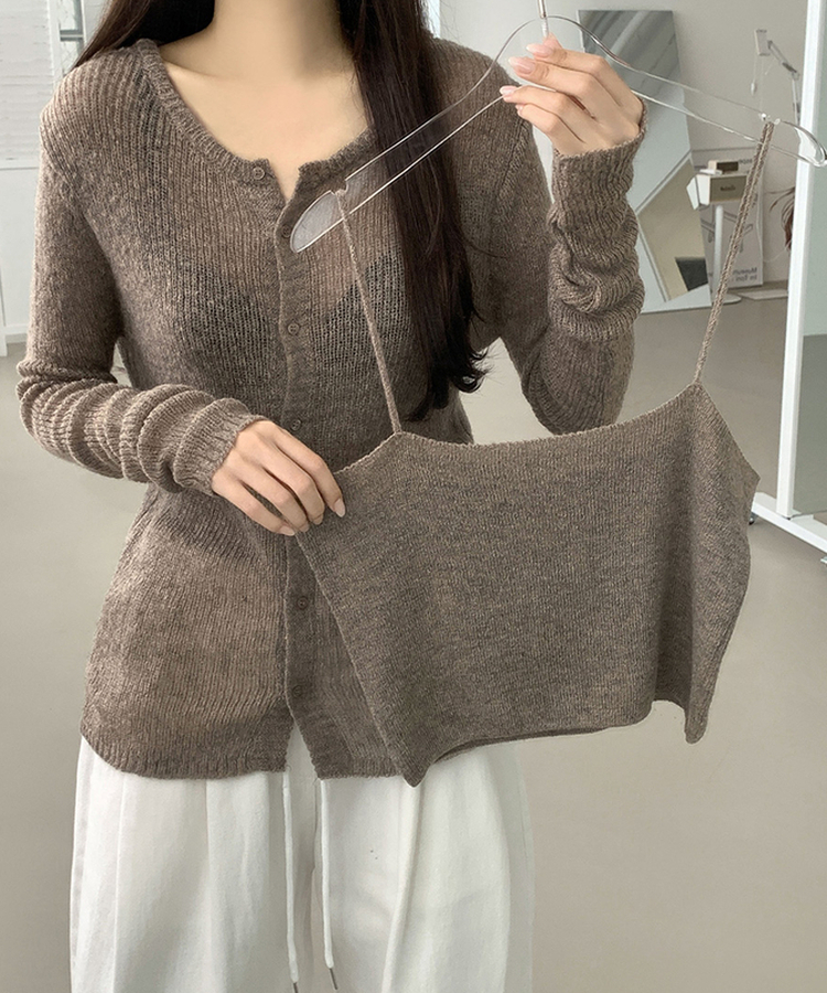 [레이어드/#느좋set]느좋 쫌쫌 짜임 그물 나시 뷔스티에 긴팔 가디건 세트 니트 모카