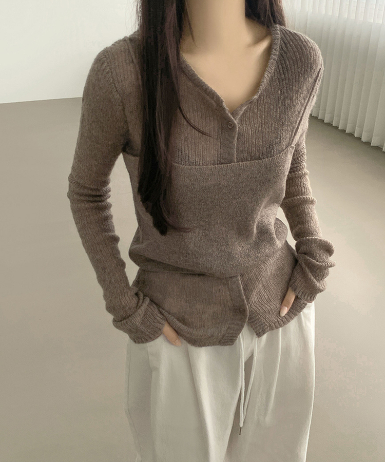 [레이어드/#느좋set]느좋 쫌쫌 짜임 그물 나시 뷔스티에 긴팔 가디건 세트 니트 모카