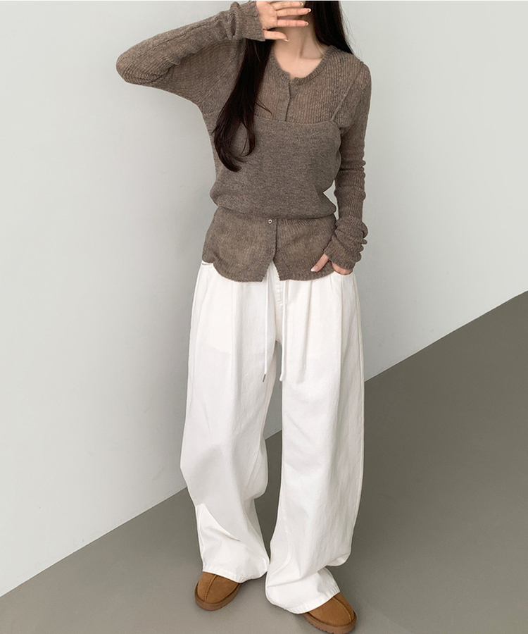 [레이어드/#느좋set]느좋 쫌쫌 짜임 그물 나시 뷔스티에 긴팔 가디건 세트 니트 모카