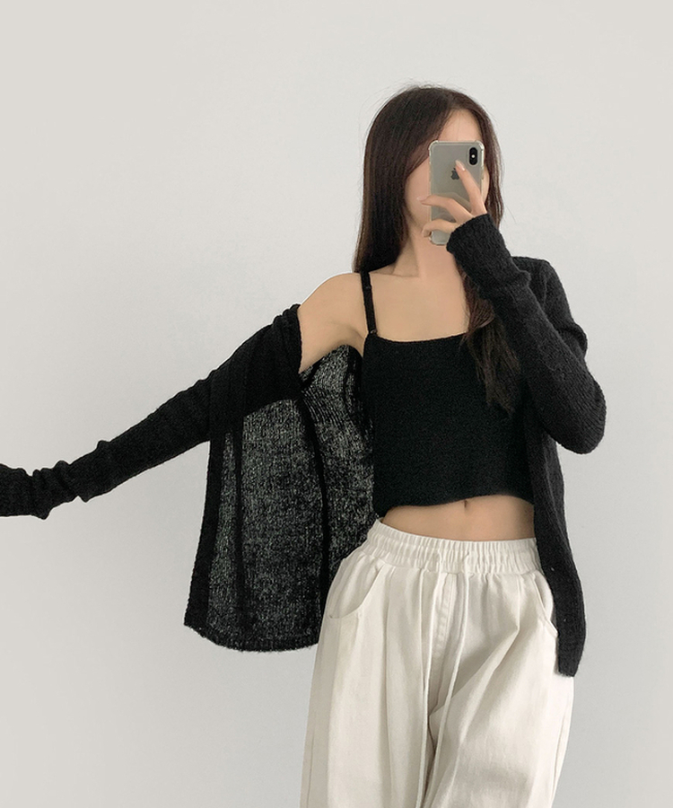 [레이어드/#느좋set]느좋 쫌쫌 짜임 그물 나시 뷔스티에 긴팔 가디건 세트 니트 블랙