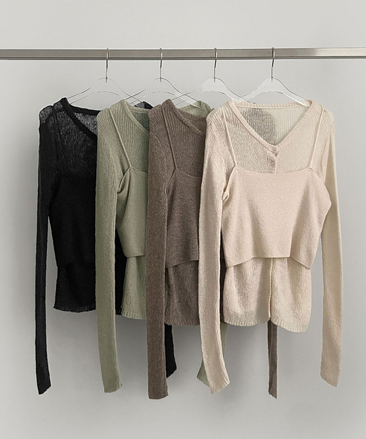 [레이어드/#느좋set]느좋 쫌쫌 짜임 그물 나시 뷔스티에 긴팔 가디건 세트 니트