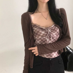 【キャミSET】チェッククロップカーディガン CHESTNUT BROWN