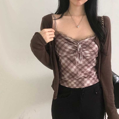 【キャミSET】チェッククロップカーディガン CHESTNUT BROWN