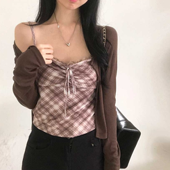 【キャミSET】チェッククロップカーディガン CHESTNUT BROWN