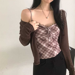 【キャミSET】チェッククロップカーディガン CHESTNUT BROWN