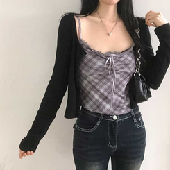 【キャミSET】チェッククロップカーディガン BLACK