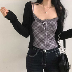 【キャミSET】チェッククロップカーディガン BLACK