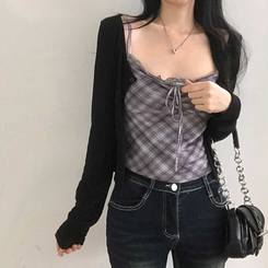 【キャミSET】チェッククロップカーディガン BLACK