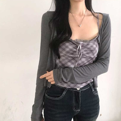 【キャミSET】チェッククロップカーディガン GREY