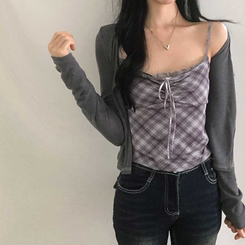 【キャミSET】チェッククロップカーディガン GREY