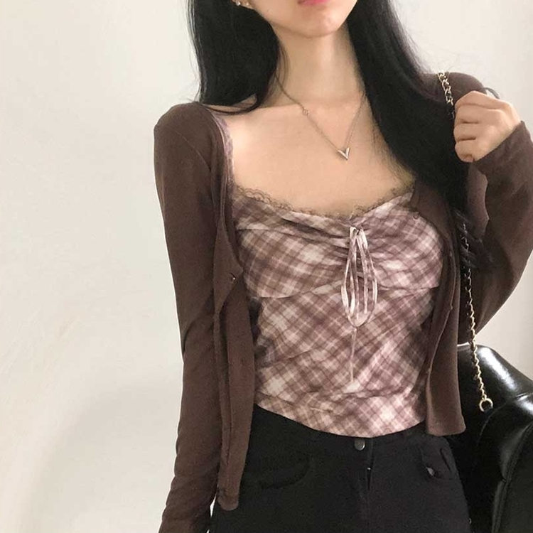 【キャミSET】チェッククロップカーディガン CHESTNUT BROWN