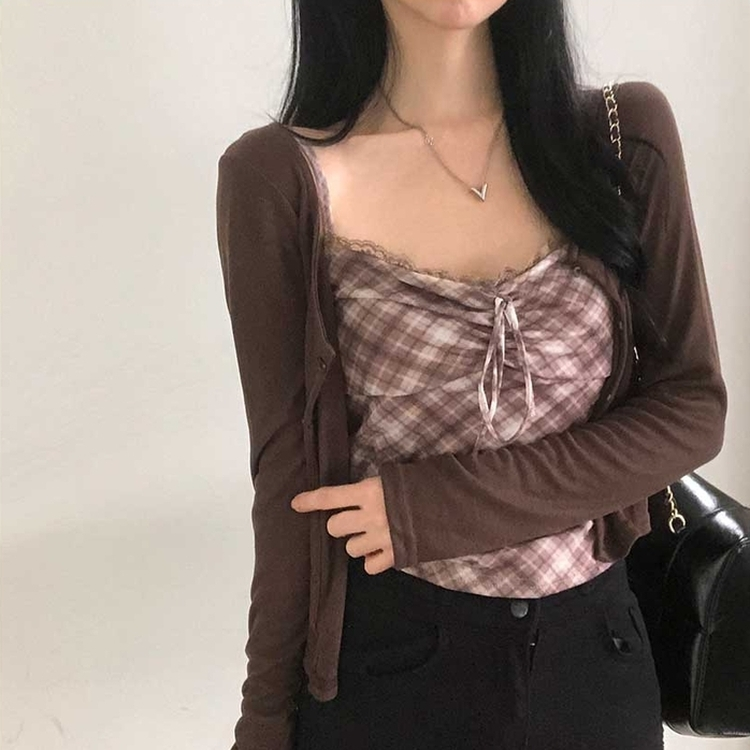 【キャミSET】チェッククロップカーディガン CHESTNUT BROWN