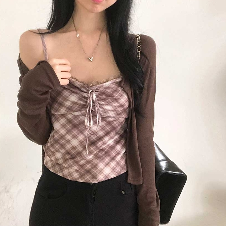 【キャミSET】チェッククロップカーディガン CHESTNUT BROWN