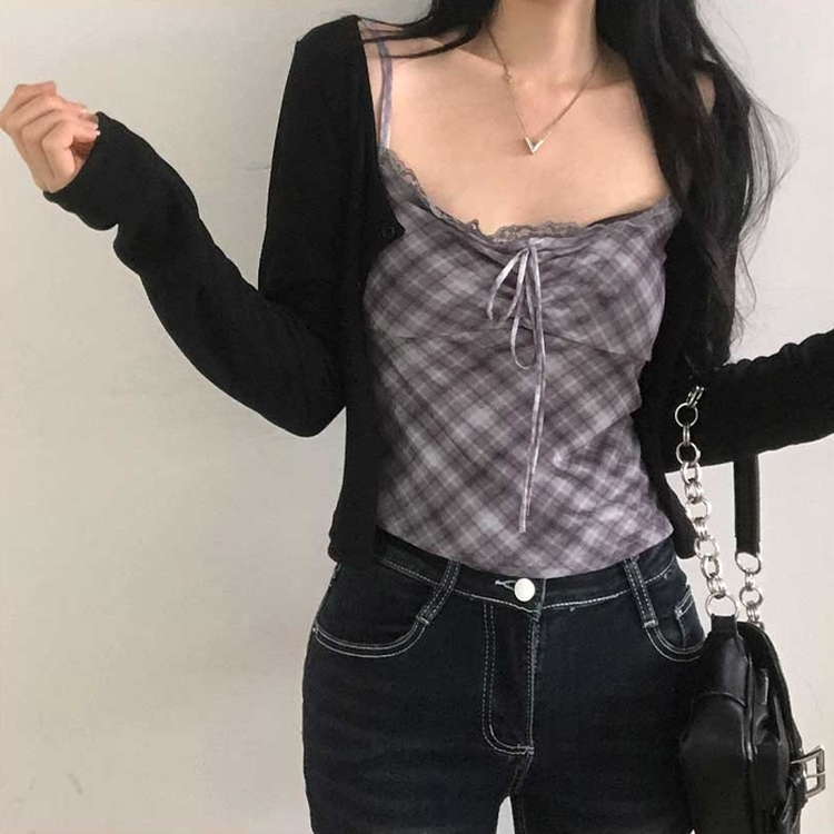 【キャミSET】チェッククロップカーディガン BLACK