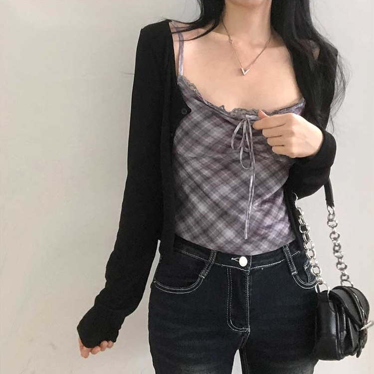 【キャミSET】チェッククロップカーディガン BLACK