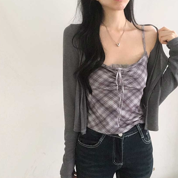 【キャミSET】チェッククロップカーディガン GREY