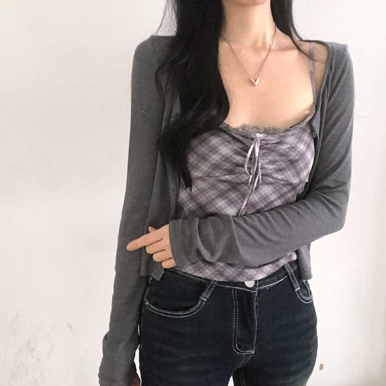 【キャミSET】チェッククロップカーディガン GREY