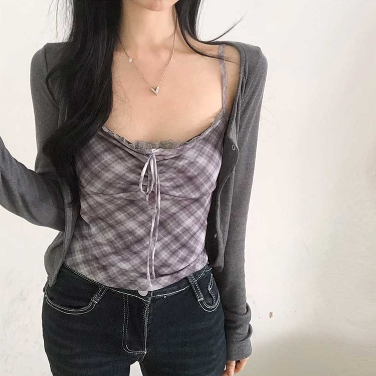 【キャミSET】チェッククロップカーディガン GREY