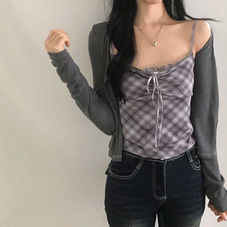 【キャミSET】チェッククロップカーディガン GREY