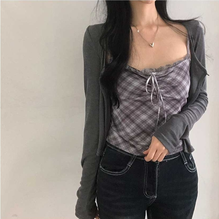 【キャミSET】チェッククロップカーディガン GREY