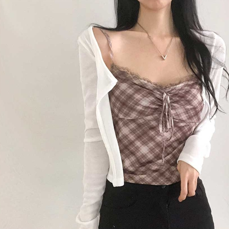 【キャミSET】チェッククロップカーディガン WHITE