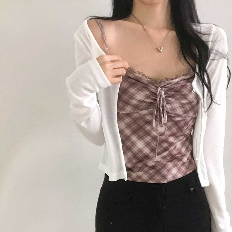 【キャミSET】チェッククロップカーディガン WHITE