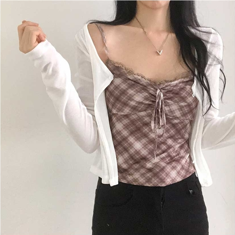 【キャミSET】チェッククロップカーディガン WHITE