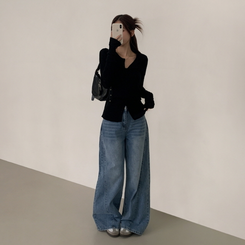 【SET】クロップビスチェ ニットカーディガン BLACK