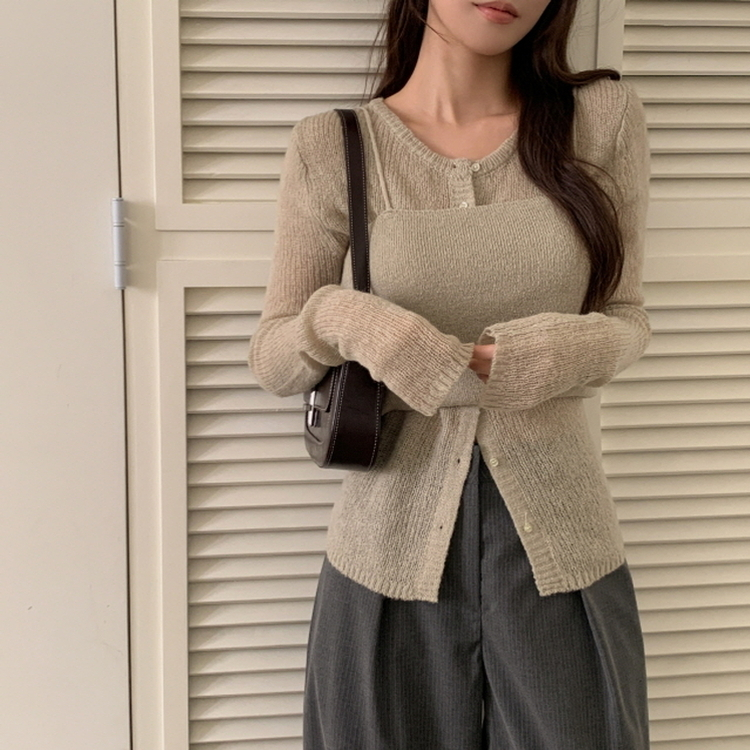 【SET】クロップビスチェ ニットカーディガン KHAKI