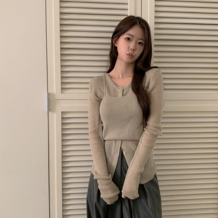 【SET】クロップビスチェ ニットカーディガン KHAKI