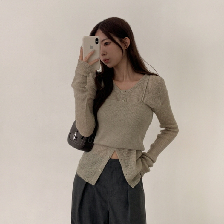 【SET】クロップビスチェ ニットカーディガン KHAKI