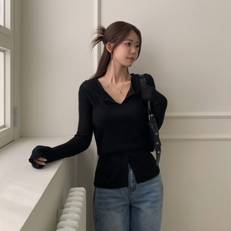 【SET】クロップビスチェ ニットカーディガン BLACK