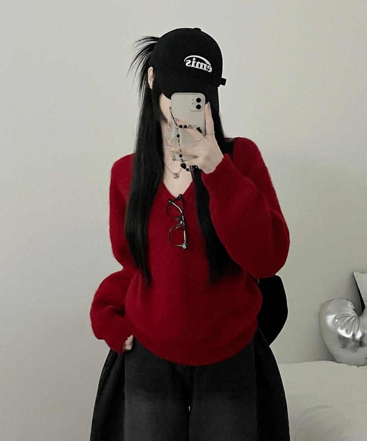 도톰파인나그랑브이넥긴팔니트 레드