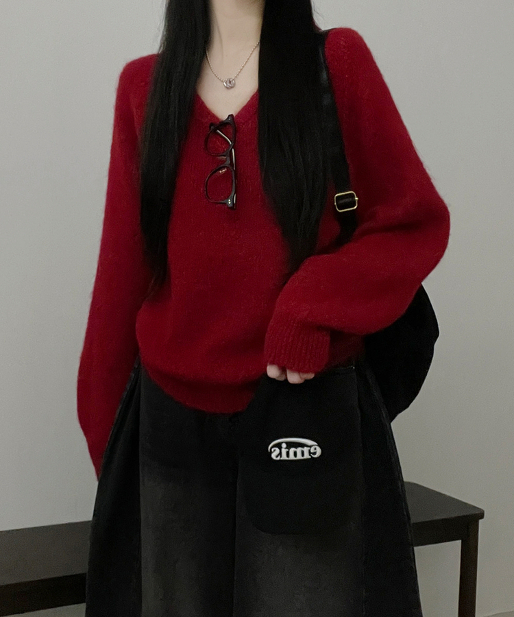 도톰파인나그랑브이넥긴팔니트 레드