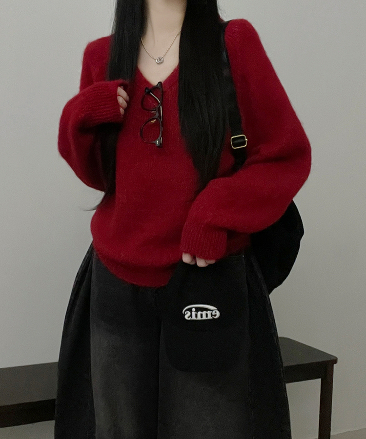 도톰파인나그랑브이넥긴팔니트 레드