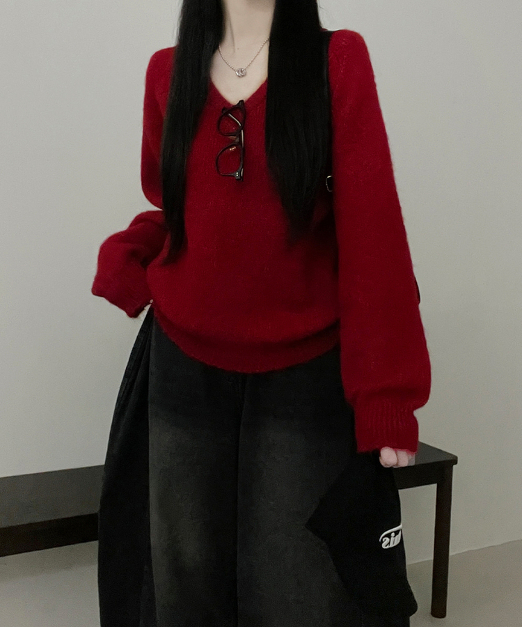 도톰파인나그랑브이넥긴팔니트 레드