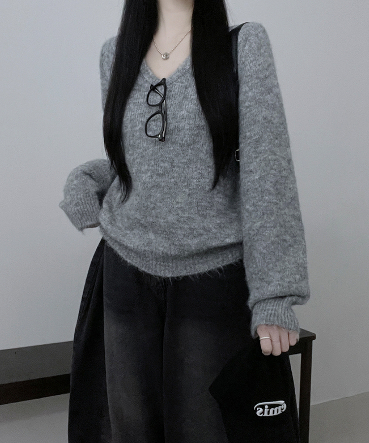 도톰파인나그랑브이넥긴팔니트 그레이