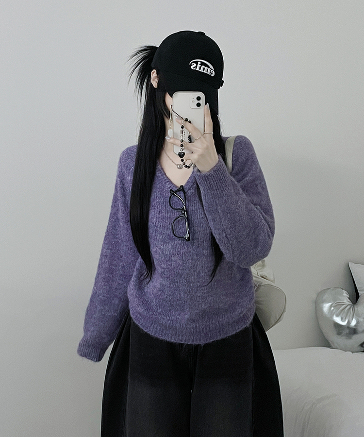 도톰파인나그랑브이넥긴팔니트 보라