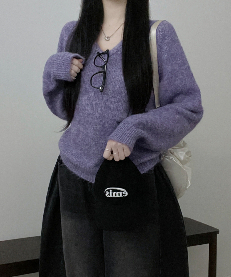 도톰파인나그랑브이넥긴팔니트 보라