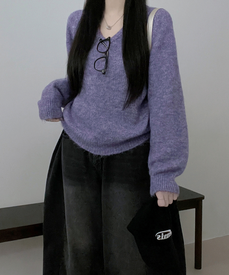 도톰파인나그랑브이넥긴팔니트 보라