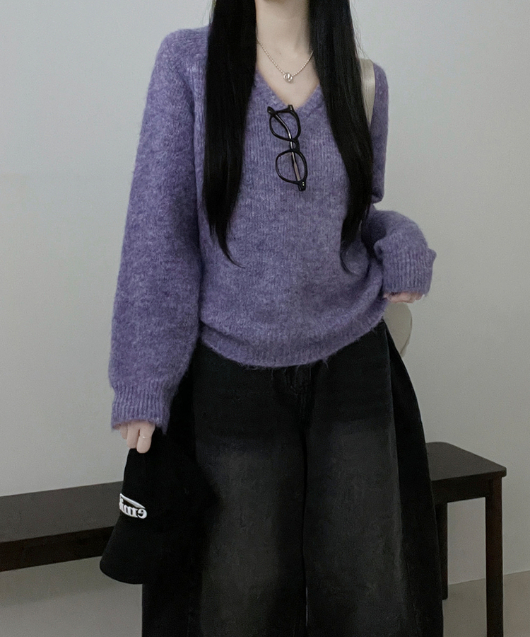 도톰파인나그랑브이넥긴팔니트 보라