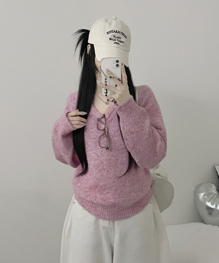 도톰파인나그랑브이넥긴팔니트 핑크