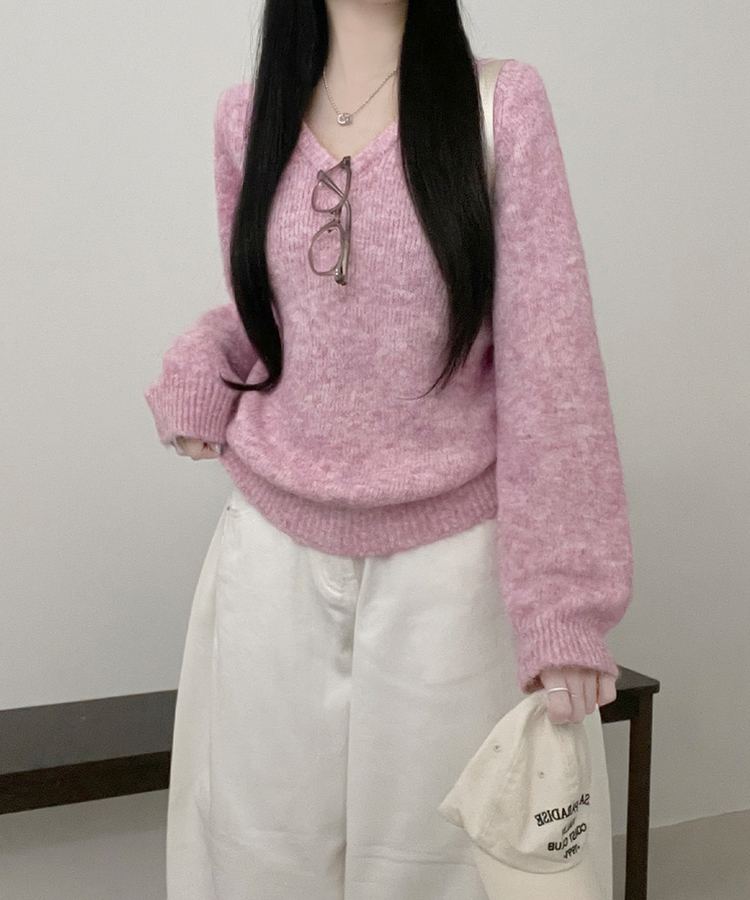 도톰파인나그랑브이넥긴팔니트 핑크