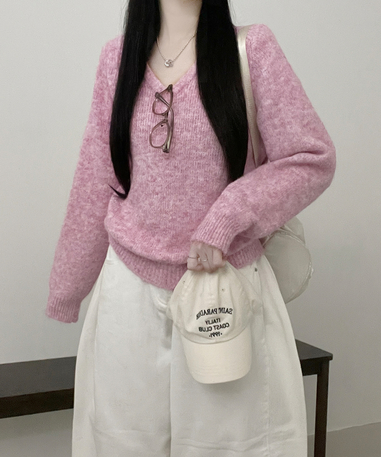 도톰파인나그랑브이넥긴팔니트 핑크