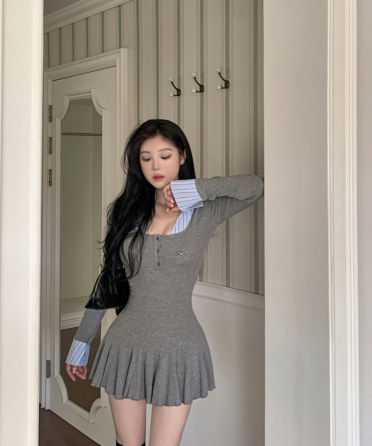 シャツレイヤードストライプミニワンピース｜ミニワンピース｜韓国