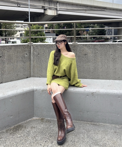 【ベルト付き】オフショルダーミニニットワンピース PASTEL GREEN